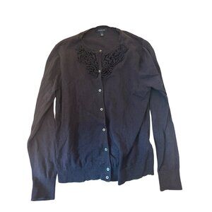 Lands End Womens Black Cardigan Sweater Applique L 14-16 Wool Blend Classic Prep